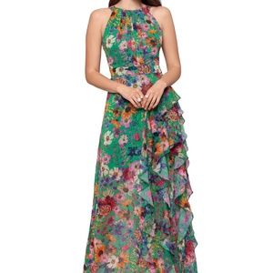 Halter Chiffon Print Ruffled Gown
